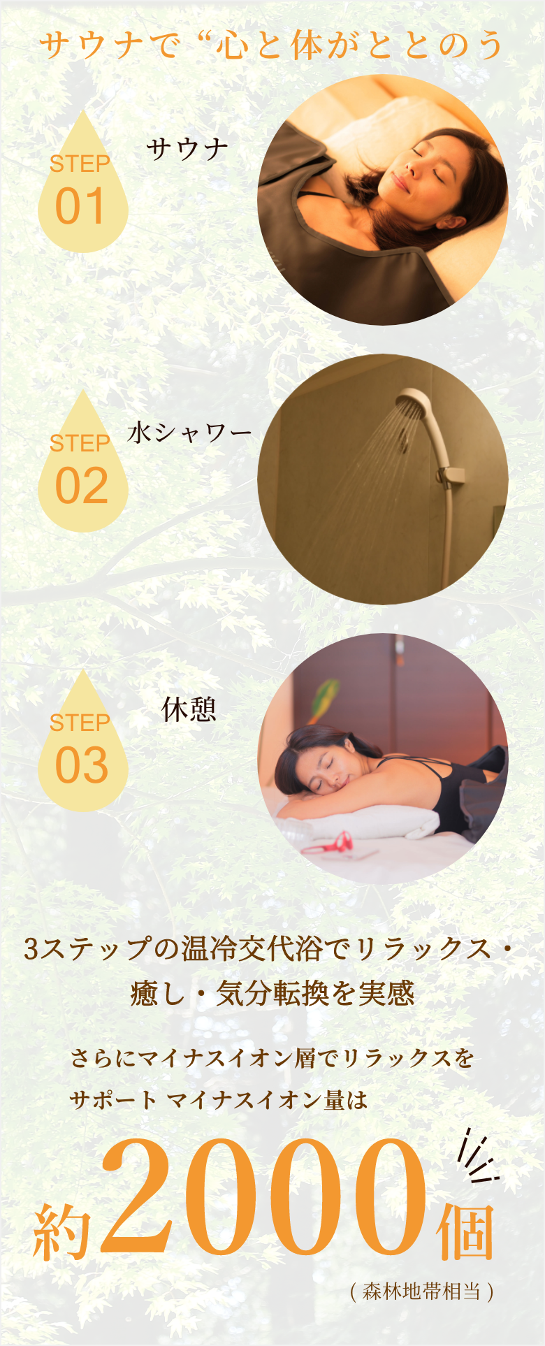 サウナで心と体がととのう STEP01 サウナ STEP02 水シャワー STEP03 休憩 3ステップの温冷交代浴で リラックス・癒し・気分転換を実感 さらにマイナスイオン層でリラックスをサポート マイナスイオン量は約2000個( 森林地帯相当 ) 